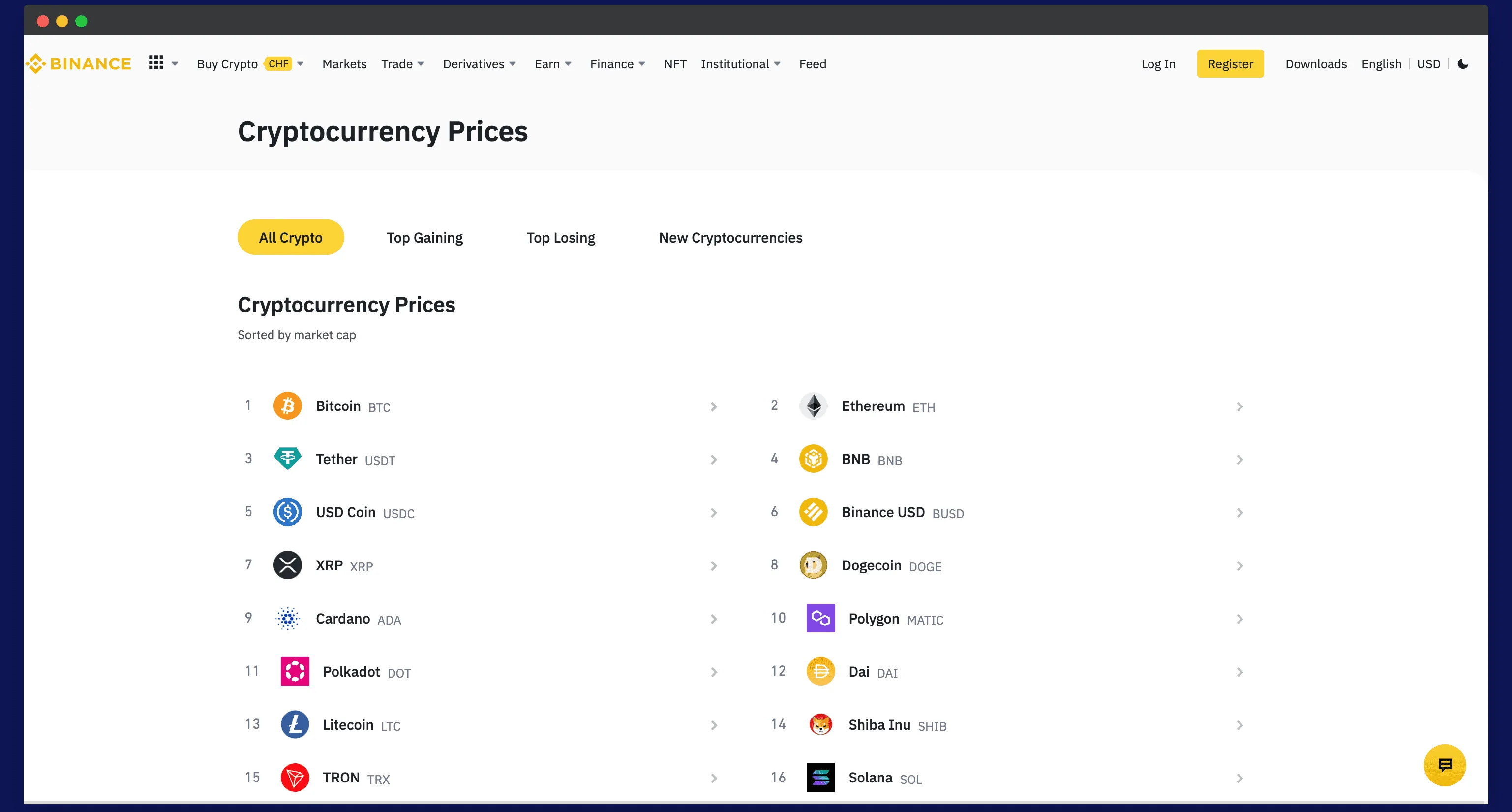 Binance pricing sections