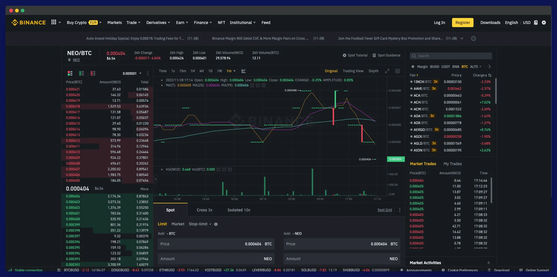 Binance trading dashboard screenshoot
