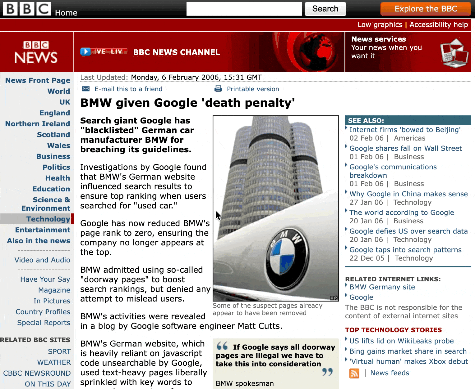 News coverage of Google deindexing BMW Germany (bmw.de) in February 2006 for using cloaked doorway pages.
