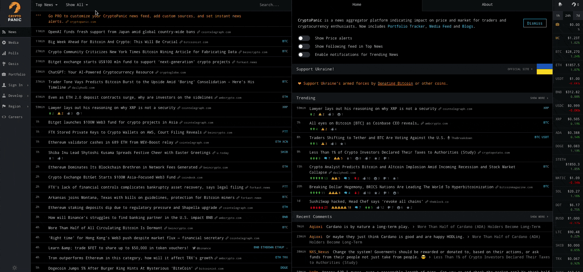 Screen record of cryptopanic dashboard