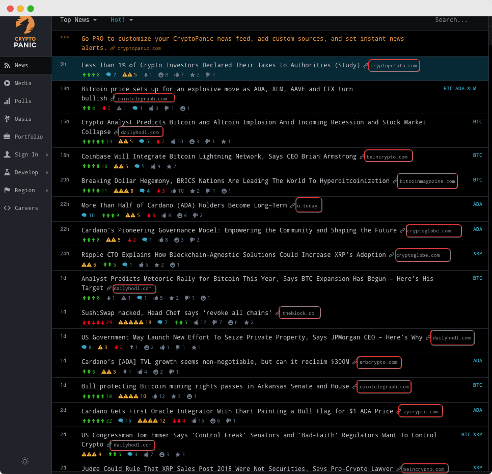 CryptoPanic dashboard screenshot