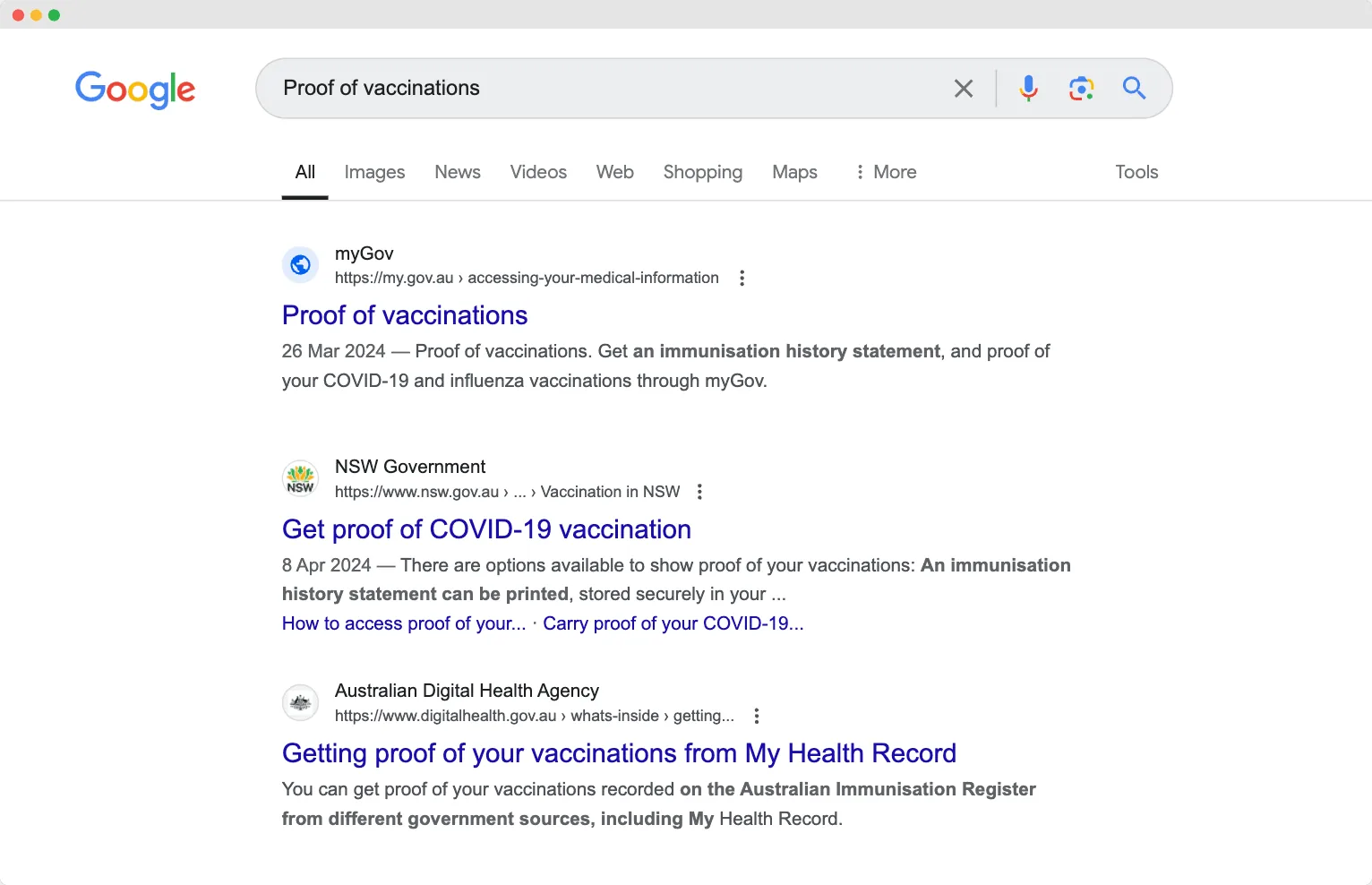 Example of Australia Gov site missing a favicon on sensitive search term
