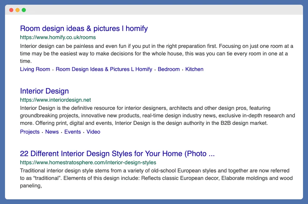 Interior Design website links at the bottom