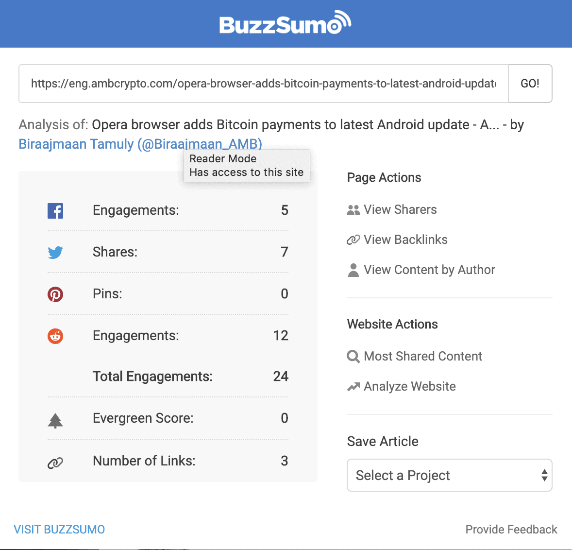 Buzzsumo example of blockchain public relation post that did not got promoted