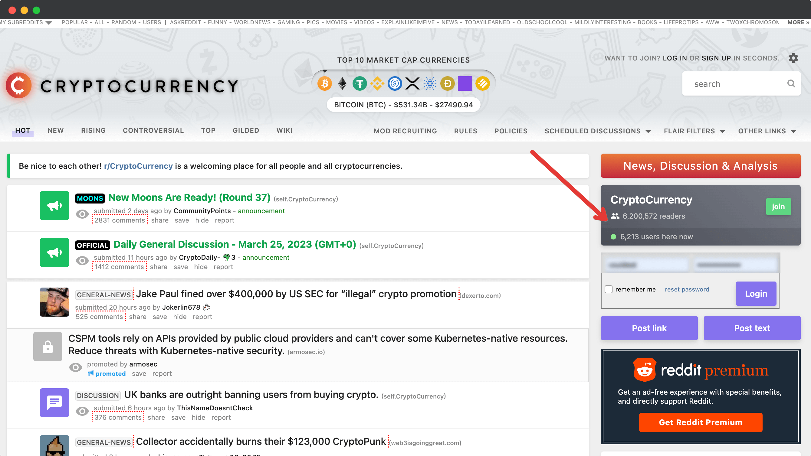 Screenshoot of subreddit :r:cryptocurrency members