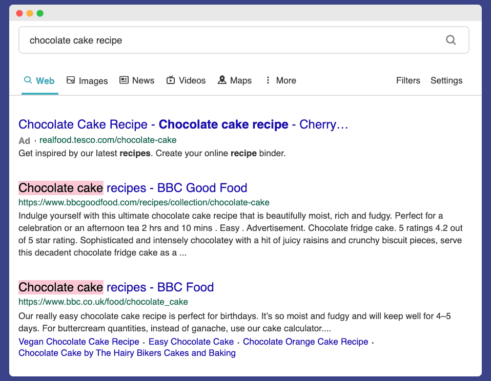 Chocolate Cake Recipe using SEO in their titles