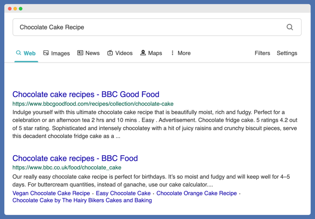 Chocolate Cake Recipe suggested by Google