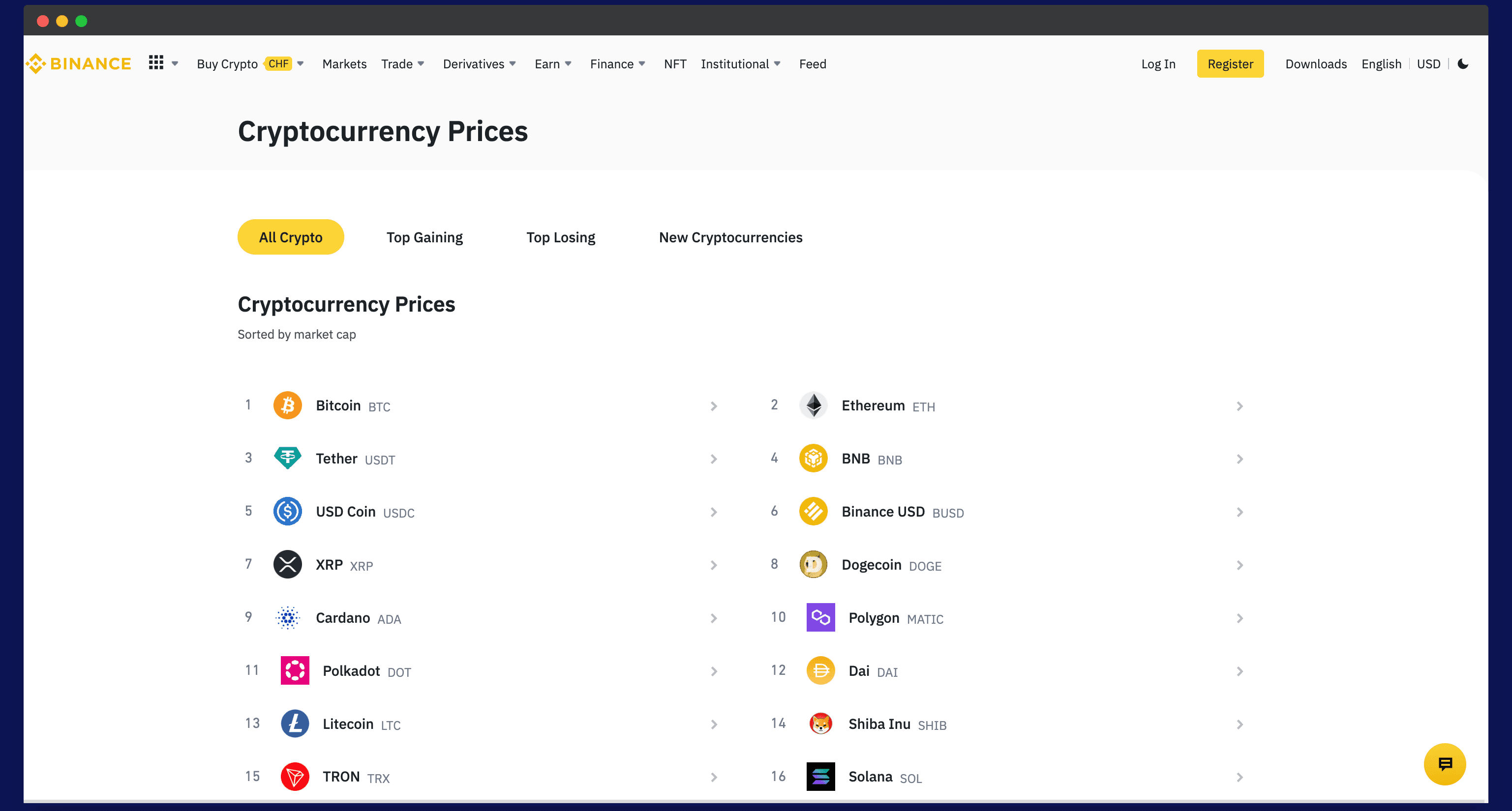 Binance pricing sections