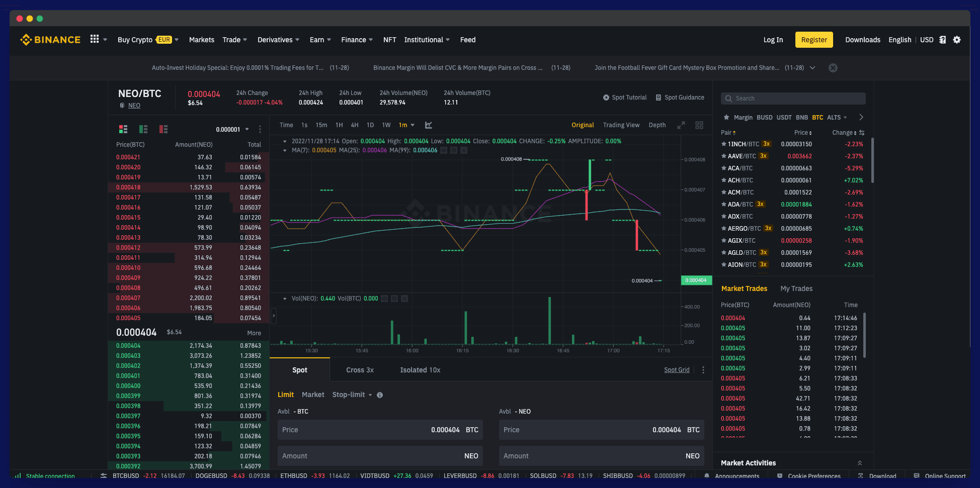 Binance trading dashboard screenshoot