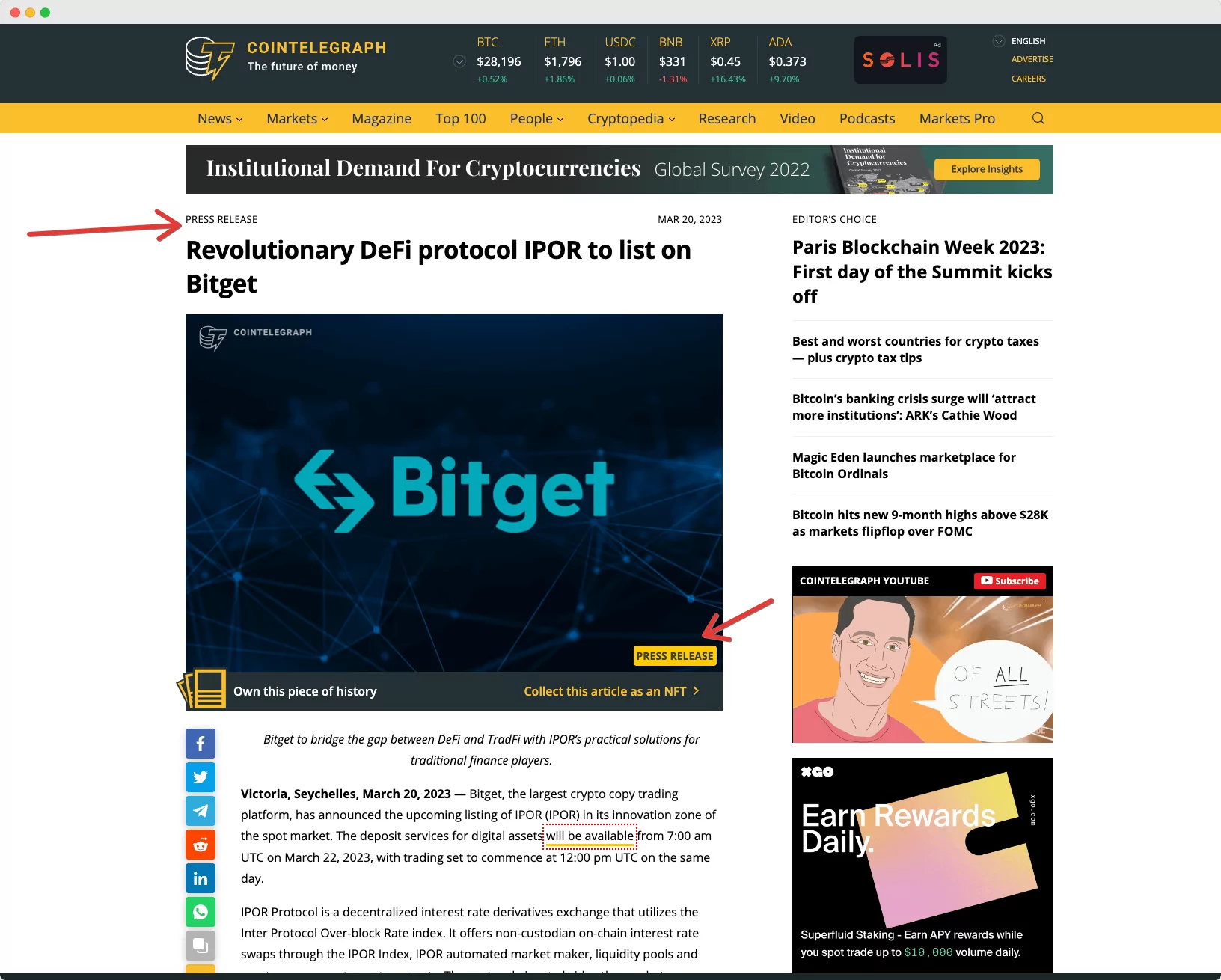 Screenshot of a press release proof in CoinTelegraph