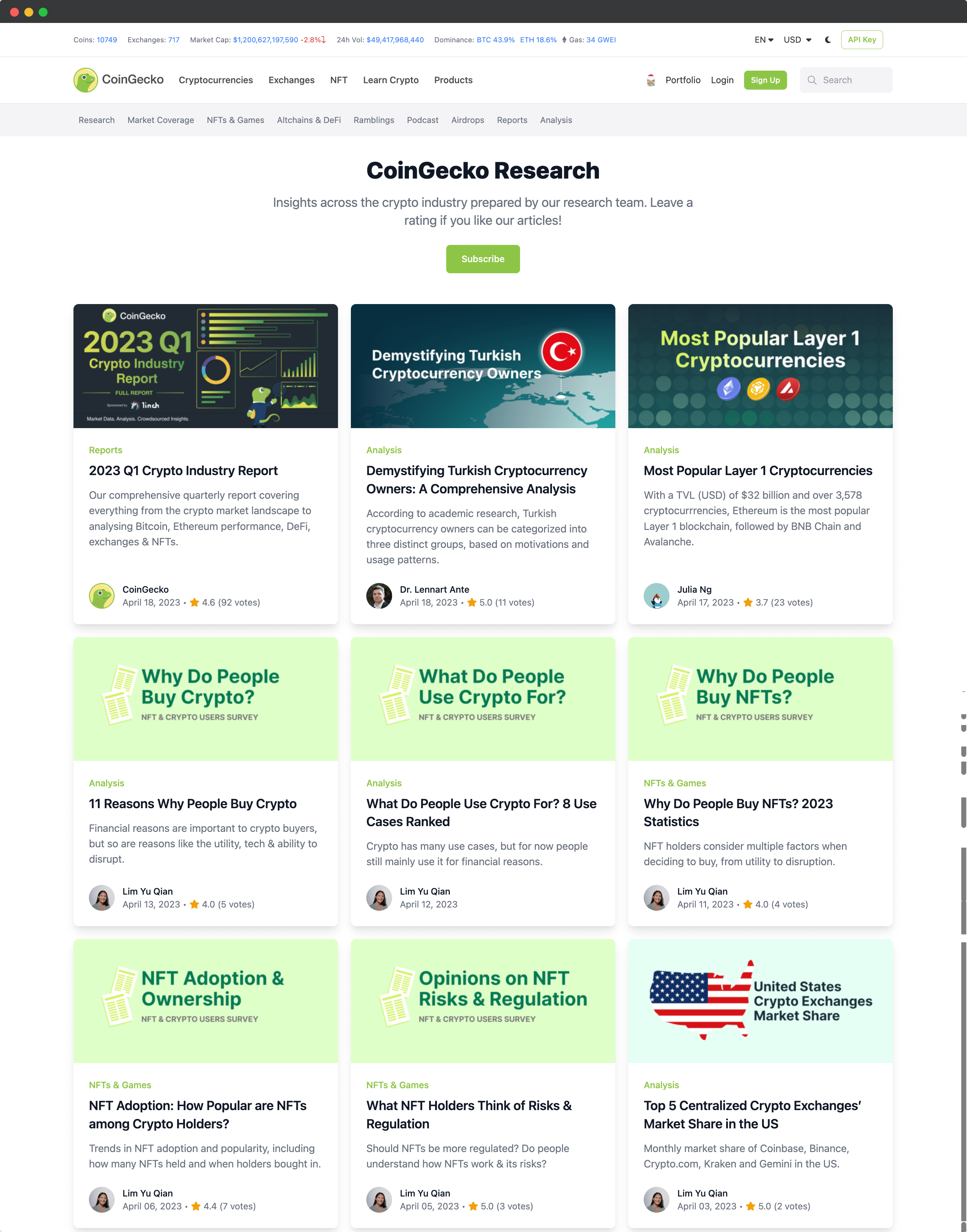 Coingecko blog and research section screenshot