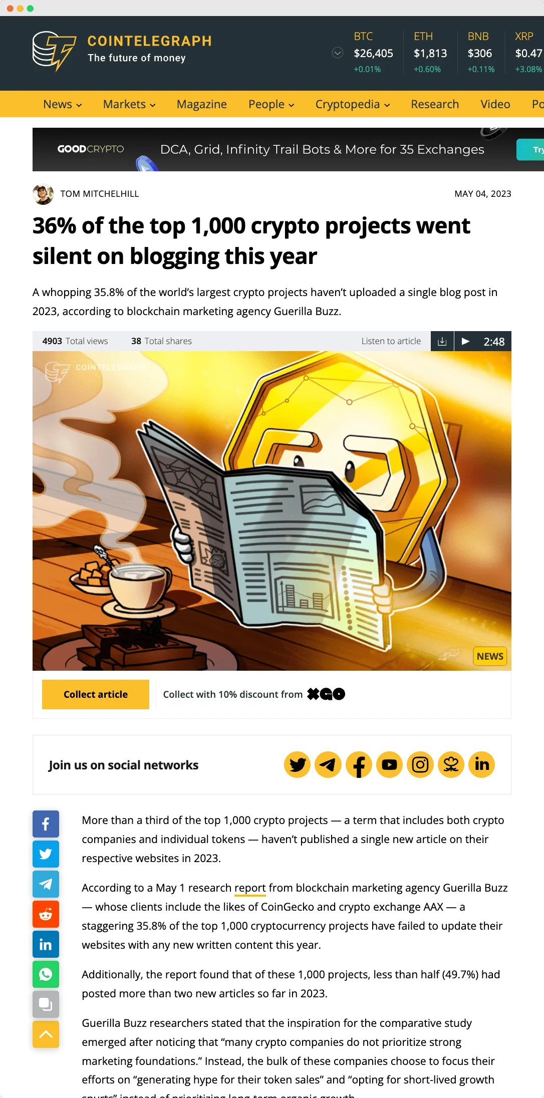 GuerrillaBuzz mention on CoinTelegraph Screenshot