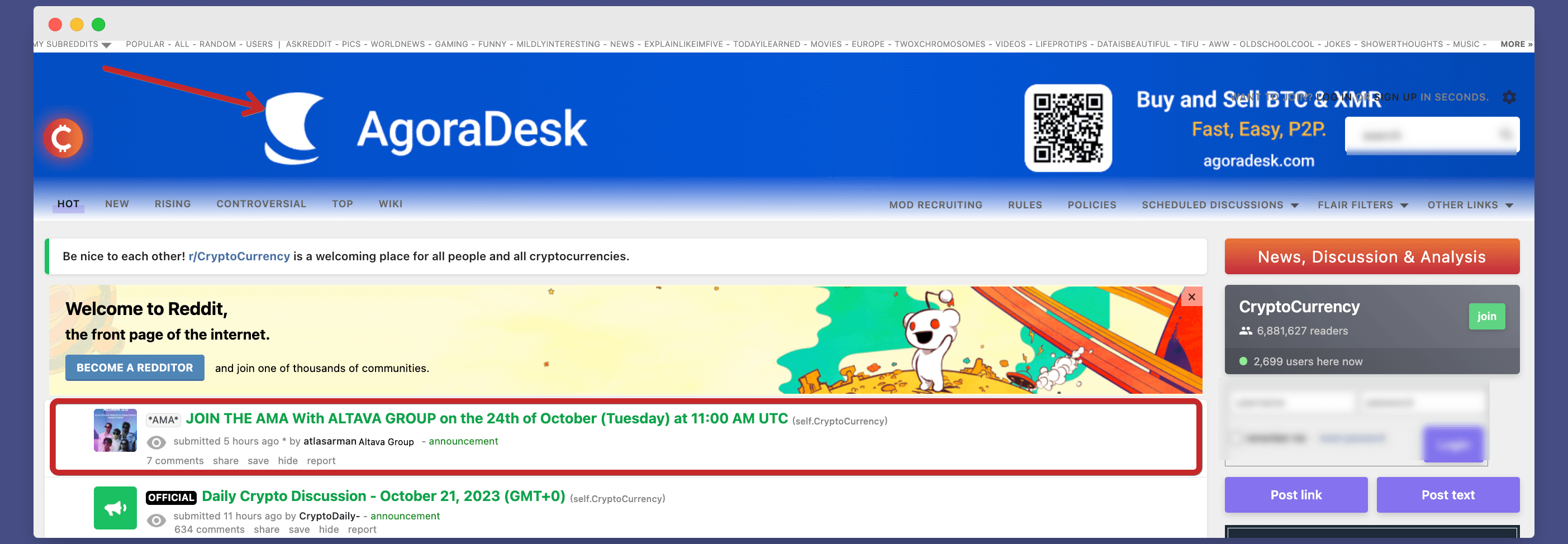 front page of :r:cryptocurrency. example of banner and ama