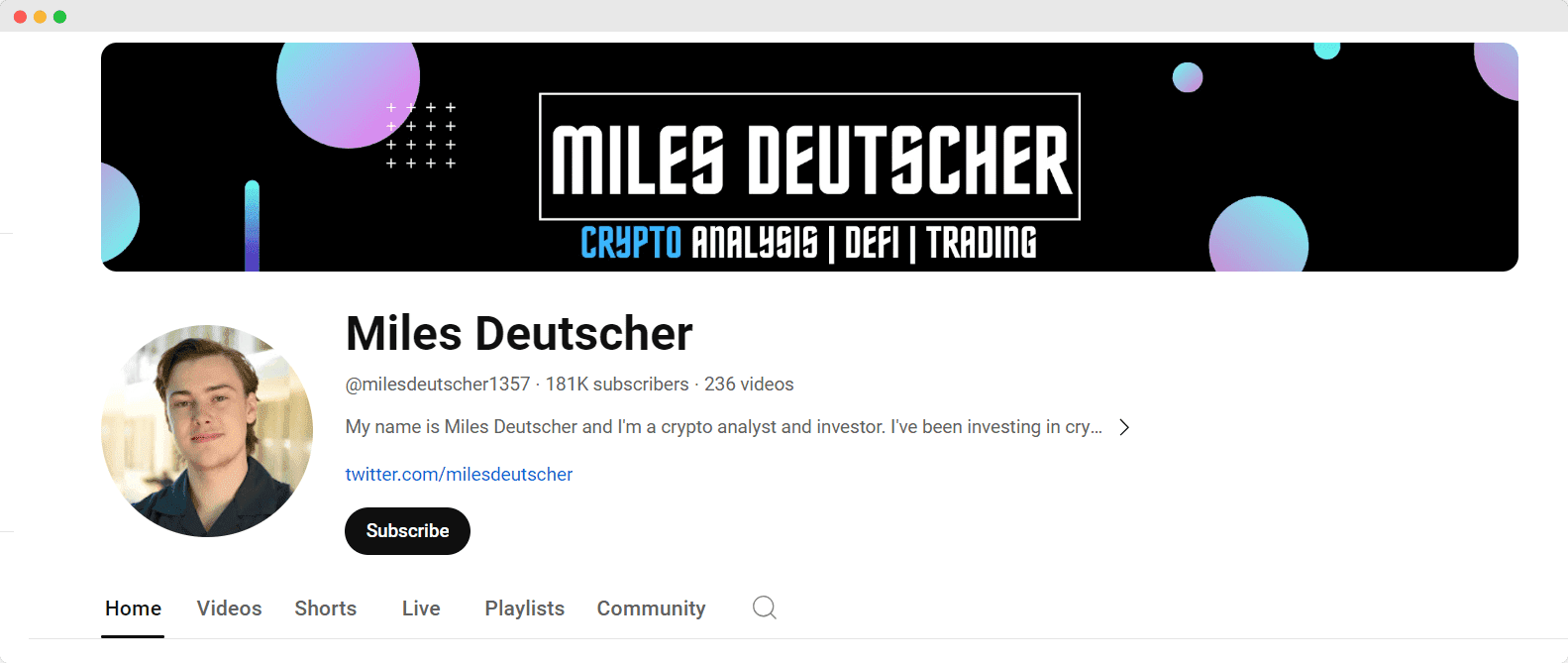 Miles Deutscher youtube channel screenshot