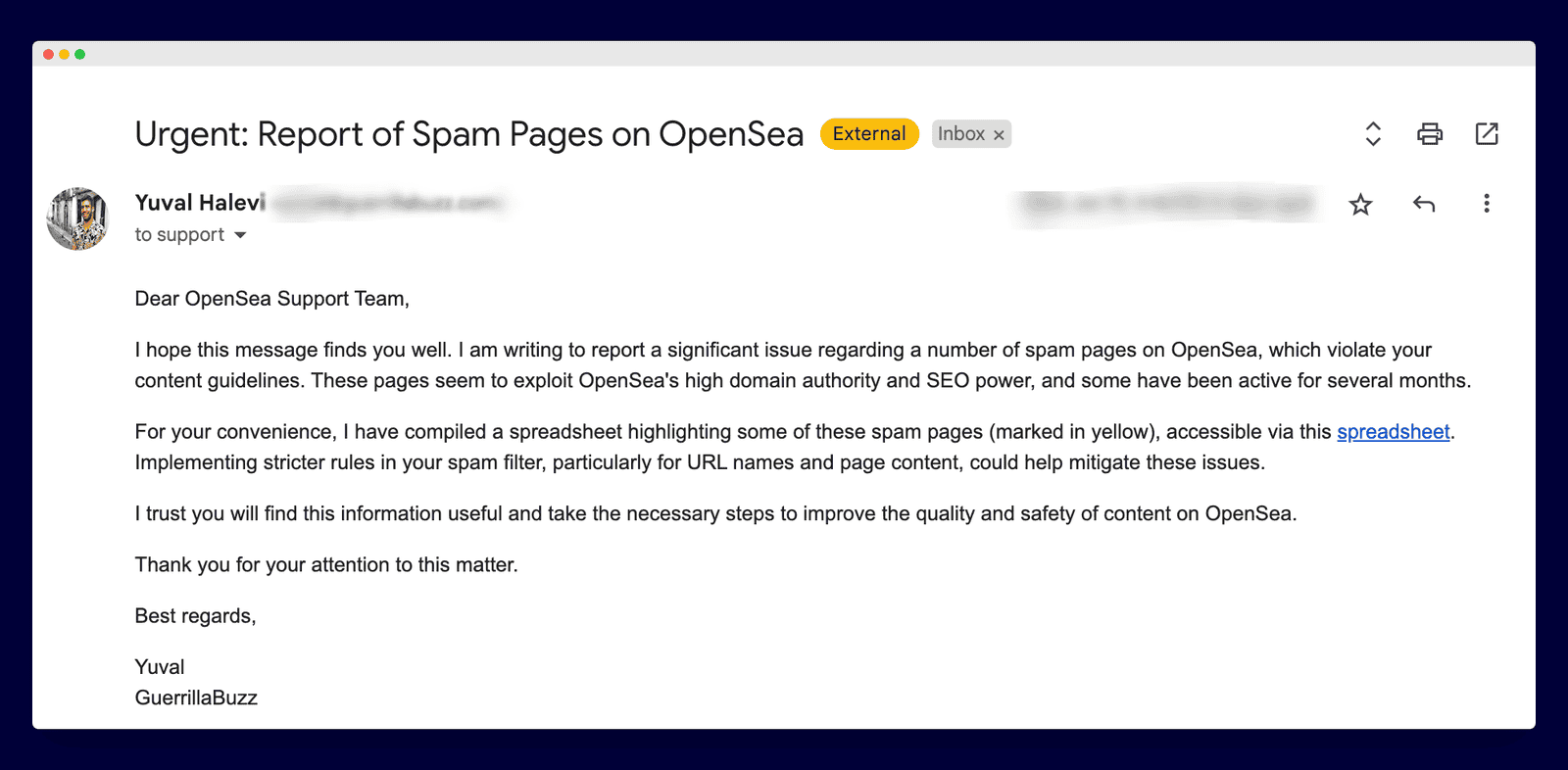 reporting in email to opensea