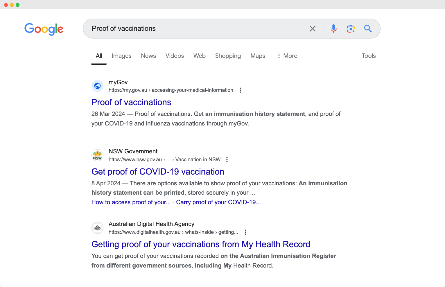 Example of Australia Gov site missing a favicon on sensitive search term