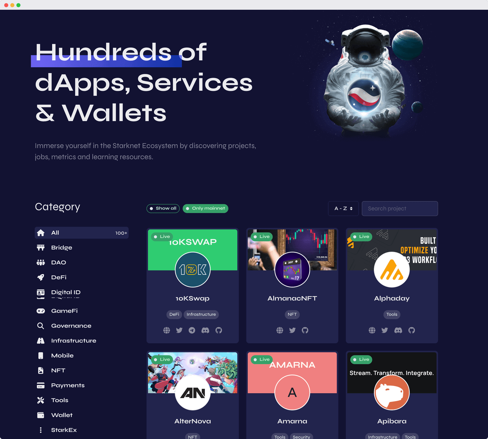 starknet ecosystem projects page